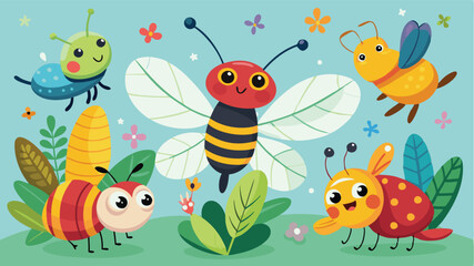 Colorful vector illustration of cheerful insects in a vibrant garden filled with flowers, showcasing a friendly bee, ladybug, and playful butterflies