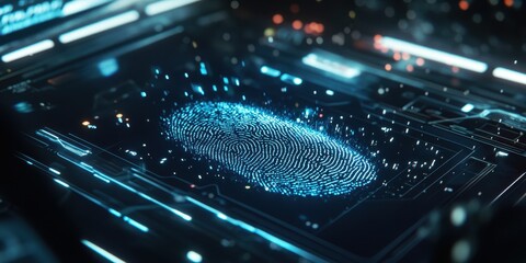 Digital fingerprint projected onto a futuristic circuit board.