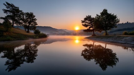 Obraz premium Stunning Sunrise Over a Tranquil Lake with Mist Rising
