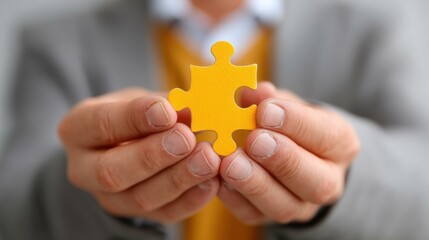 A businessman holds a jigsaw puzzle piece, symbolizing teamwork and strategy in the corporate world.