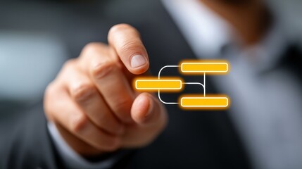 A businessman interacts with a workflow automation system, showcasing the hierarchy of departments in a business.