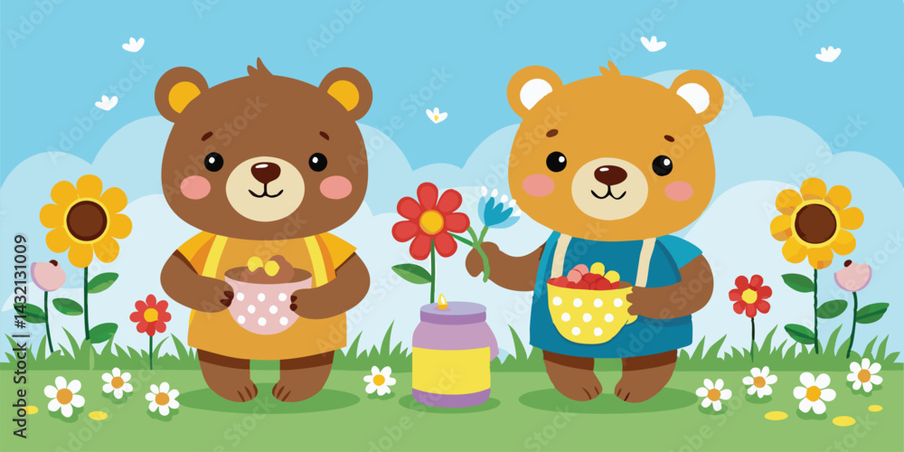Poster charming vector illustration of three playful bears in a colorful garden enjoying nature and honey d