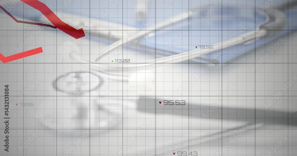 Poster medical stethoscope being visualized in flat grid design, highlighting red arrow graphs and numbers