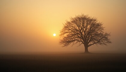 Obraz premium Lone Tree in Mist at Dawn