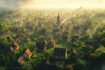 Enchanted Medieval Village at Dawn A Serene Landscape with Rustic Homes and Lush Greenery