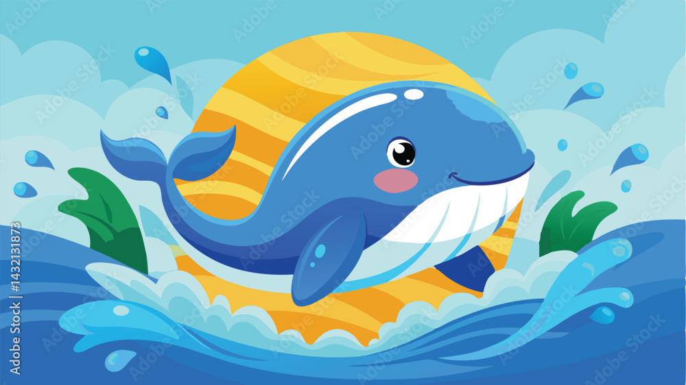 Poster vector illustration of a cheerful blue whale swimming playfully in ocean waves with splashes of wate