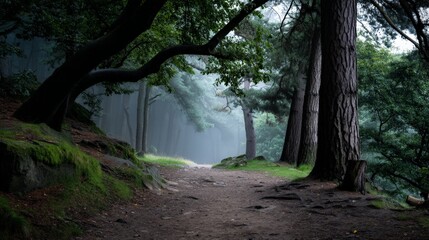 Obraz premium Winding Path Through Foggy Forest with Ancient Trees and Soft Light