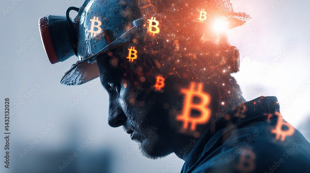 Poster digital miner with helmet in cryptocurrency conceptual background