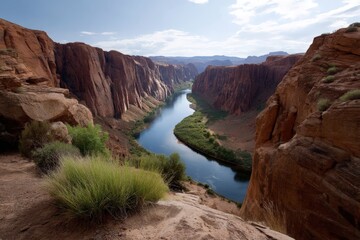 Majestic Canyon Carved by River with Deep Red Cliffs and Blue Sky