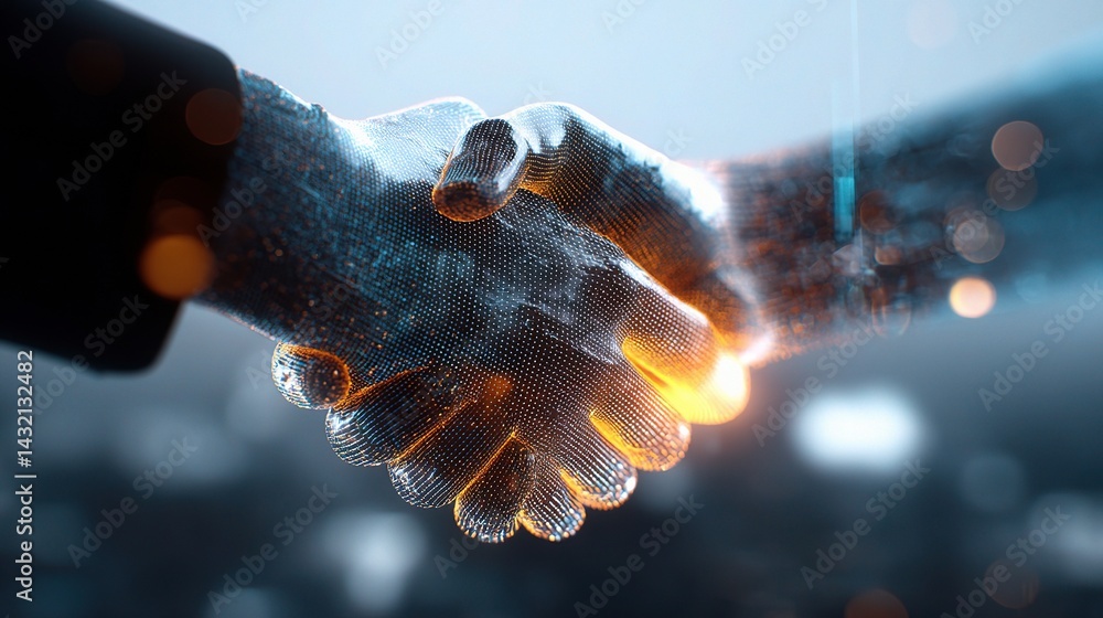 Poster digital handshake symbolizing collaboration between ceo and developer