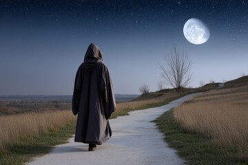 Mysterious Figure in Cloak Walking Down an Empty Path at Night