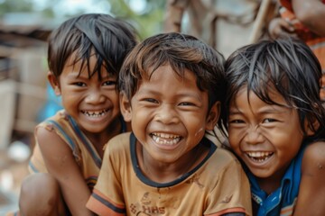 Portrait of a group of happy asian kids smiling at the camera