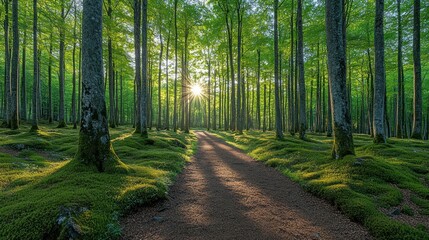 Fototapeta premium Sunlit Path Through Mossy Beech Forest at Dawn