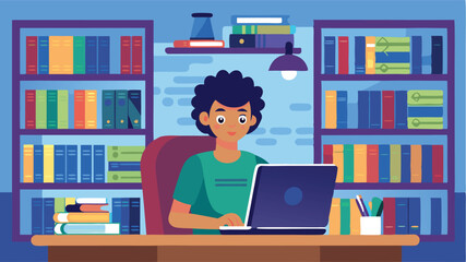 Creative vector illustration of a young woman working on a laptop in a cozy library setting surrounded by books and a potted plant
