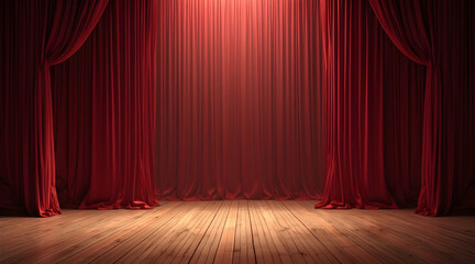 Red Stage Curtains with Wooden Floor for Presentation