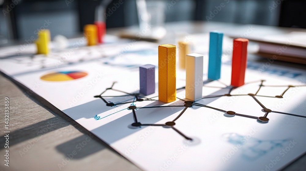Poster business strategy paper on table with colorful data visualization tools