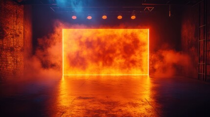 Fototapeta premium A shadow-filled studio, glowing orange backdrop illuminating the dark empty stage, neon lighting edges, and smoky atmosphere 