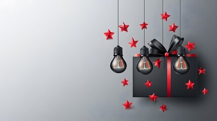 Black Friday Sale Gift Box with Hanging Light Bulbs and Red Stars