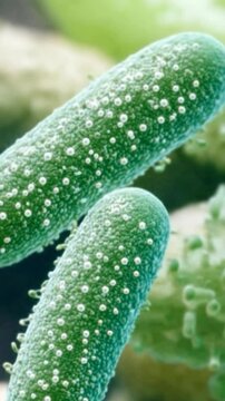 Close up view of bacterial cell structures with green colorization and numerous white spherical elements covering cell surfaces.
