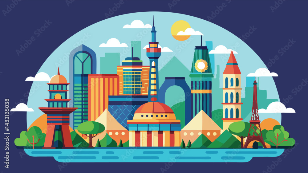 Poster urban skyline featuring iconic buildings and structures in a vibrant vector style illustration durin