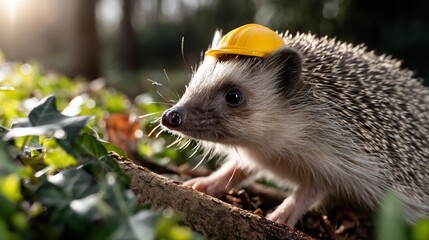 Naklejka premium Cute hedgehog wearing a tiny yellow hard hat