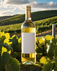 Fototapeta premium Elegant white wine bottle with blank label placed among vineyard grapes and leaves under blue skies, ideal for branding, wine marketing, product mockups, or vineyard lifestyle concepts