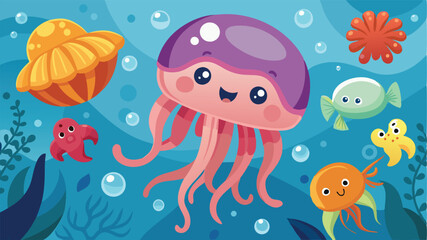 Playful sea creatures interact in a vibrant underwater illustration featuring jellyfish, an octopus, and other marine life in a lively ocean setting