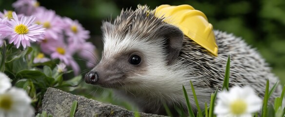 Cute hedgehog wearing a yellow hard hat in a garden (1)