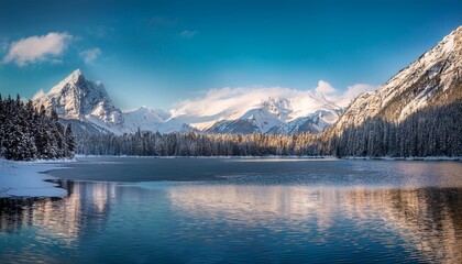 Fototapeta premium winter wonderland landscape snowy mountains and calm lake