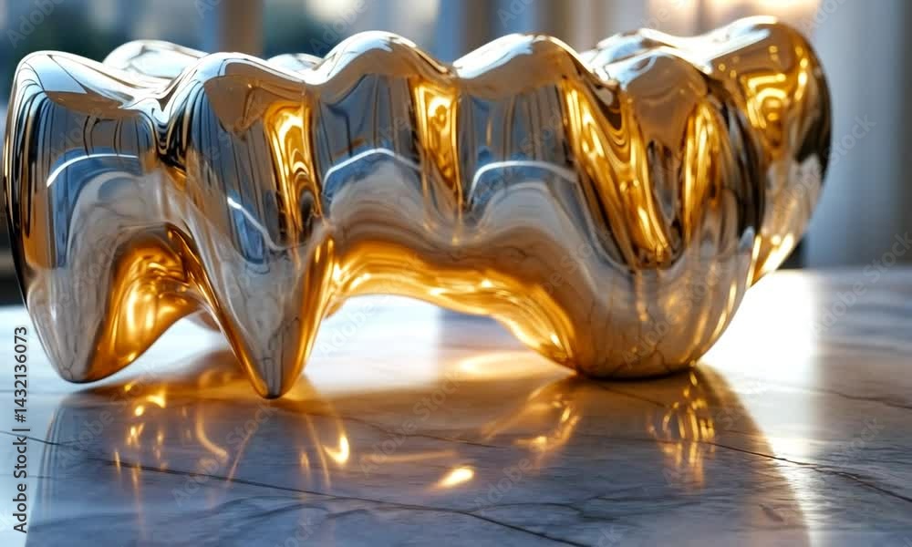 Aufkleber shiny abstract golden sculpture on a marble table with soft natural light in the background