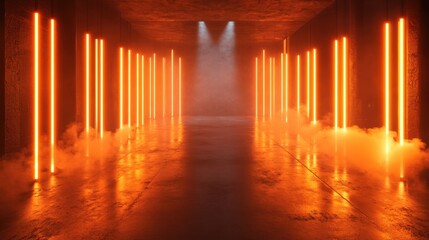 Naklejka premium A dim studio, glowing orange backdrop with neon light strips, empty stage surrounded by smoke, and textured concrete flooring 