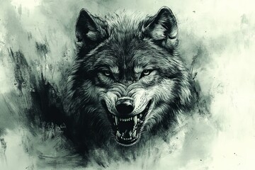 An expressive artistic watercolor portrait of an aggressive wolf