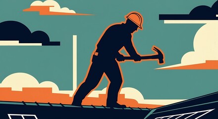 Rooftop carpenter using a hammer on shingles beneath artistic clouds in a stylized sky, conceptual flat vector image perfect for construction, labor, or renovation visuals


