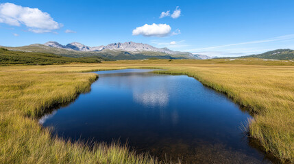 Fototapeta premium serene alpine landscape featuring still lake reflecting bright blue sky and surrounding