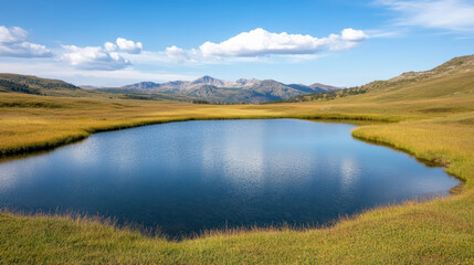 serene alpine lake reflects bright blue sky and surrounding mountains, creating peaceful