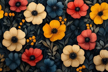 A colorful vibrant floral pattern featuring multiple blooming flowers