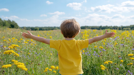 Fototapeta premium child joyfully runs through vibrant field of wildflowers, arms wide open