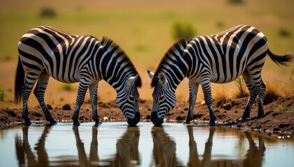 Naklejka premium Striped zebras quench thirst, muddy water Shadows, dry grass, African wildlife , habitat, animals drinking