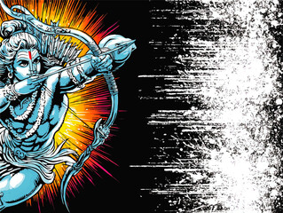 Vibrant Vector Illustration of Hindu God Lord Rama With Bow and Arrow, Abstract Grunge Background, Dynamic Spiritual Art