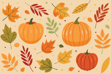 Colorful vector illustration of pumpkins and autumn leaves in warm shades, perfect for seasonal decorations and fall themes