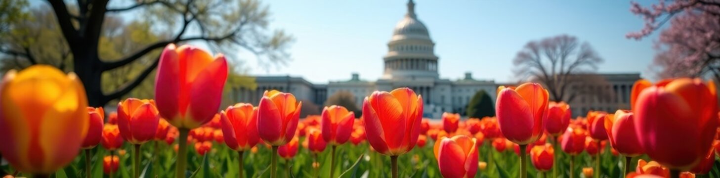 Vibrant tulips bloom before iconic US Capitol dome , floral, d c