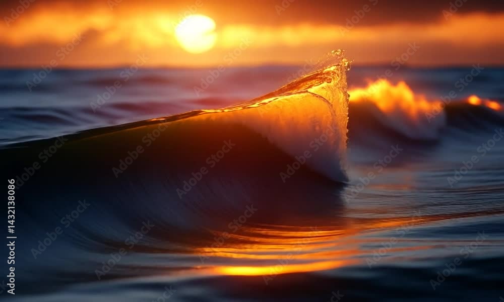 Poster sunset over ocean waves with shimmering reflections, creating a tranquil coastal scene