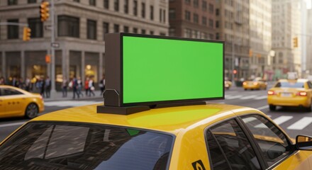 Urban Billboard Mockup with Yellow Taxi for Nighttime Advertisement