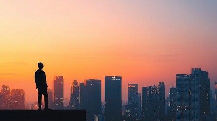 Fototapeta premium Businessman Silhouette Over High Rise Buildings at Sunrise