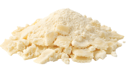 A close-up view of a pile of finely grated cheese, highlighting its texture and color against a clean background