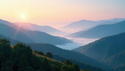 Fototapeta premium Misty mountain vista, layers of hills, soft glow, blue, perspective