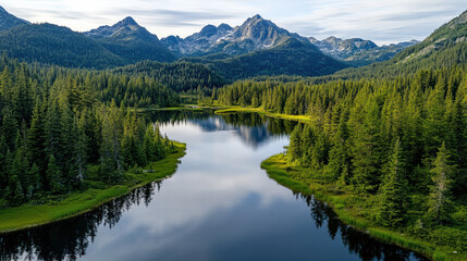 Fototapeta premium Lush forest surrounds tranquil lake reflecting majestic mountains, creating serene landscape