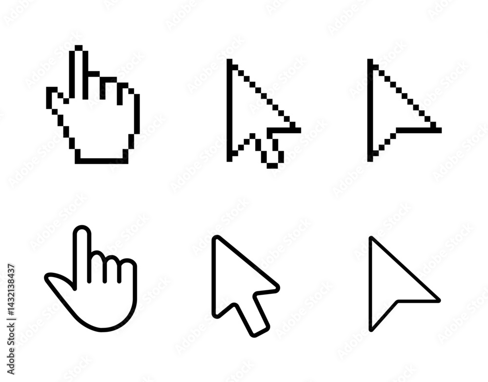 Poster computer mouse cursor icon set with arrows, hand pointers, click effects, and loading symbols. perfe