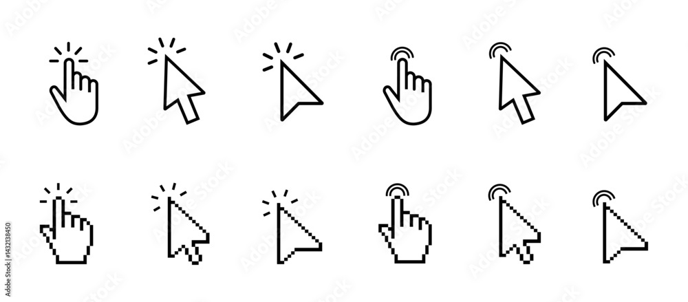 Poster computer mouse cursor icon set with arrows, hand pointers, click effects, and loading symbols. perfe
