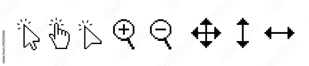 Poster computer mouse cursor icon set with arrows, hand pointers, click effects, and loading symbols. perfe